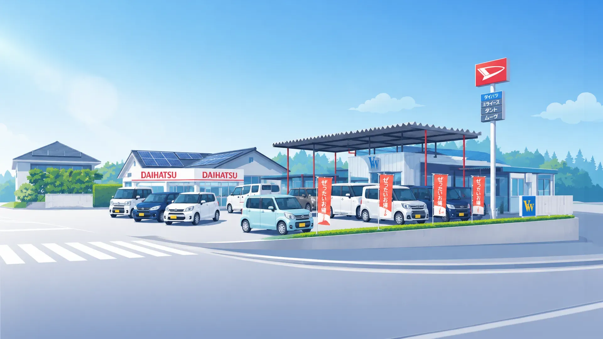 大分市城原の中古車販売・整備工場「ヴィークルわだ」の店舗と展示車